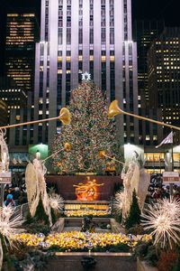 Illuminated christmas tree against building at night