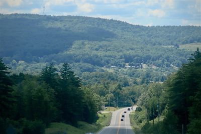 High angle view of road amidst trees against sky