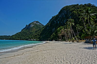 Scenic view of beach against clear blue sky