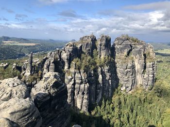 Panoramic view of rock formations on landscape against sky