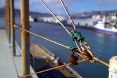 Close-up of rope tied on sailboat