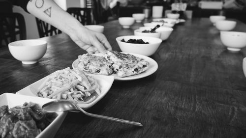 High angle view of food served on table