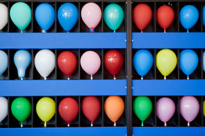 Close-up of colorful balloons in row