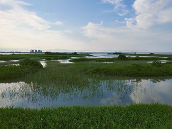 Scenic view of lake against sky