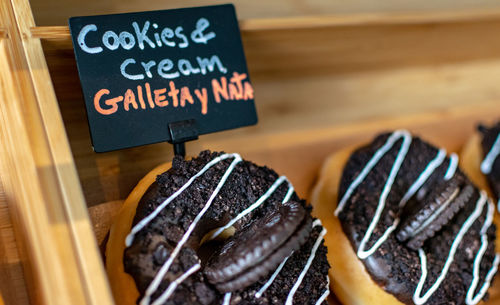 Close-up of cookie flavoured doughnuts for sale