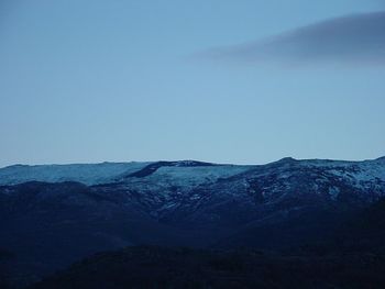 Scenic view of mountains against clear blue sky