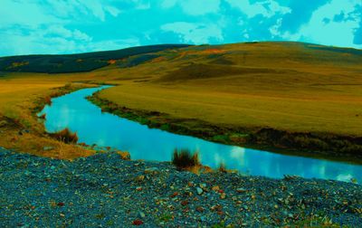 Scenic view of landscape and lake against sky