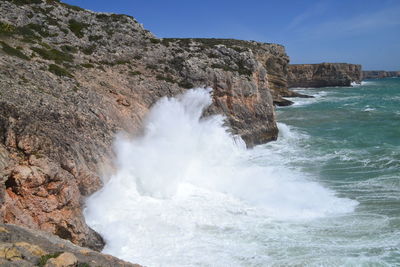 Scenic view of sea against rocks