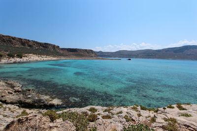 Scenic view of sea against clear blue sky