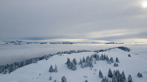 Scenic view of snow covered mountains against sky