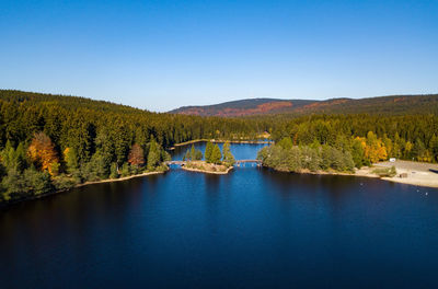 Scenic view of lake against clear blue sky