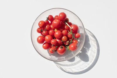 High angle view of cherries in bowl