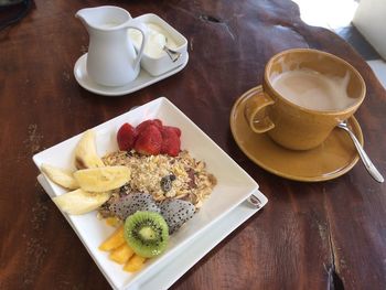 High angle view of breakfast on table at home