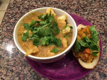 High angle view of soup in bowl on table