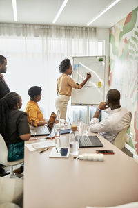 Female professional explaining business strategy over white board with coworkers at office