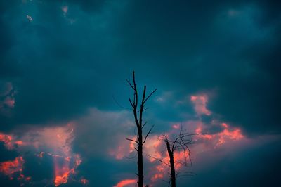 Low angle view of bare tree against dramatic sky
