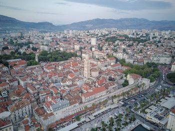 High angle shot of townscape against sky