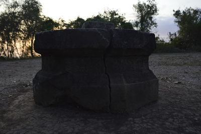 Close-up of stone stack on rock in park