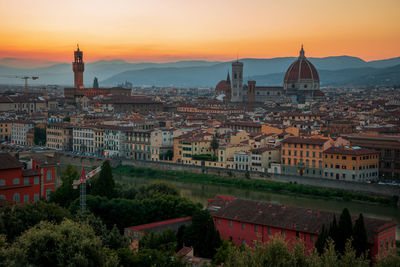 Panorama of the city at sunset, view from piazzale michelange to cathedral of santa maria del fiore