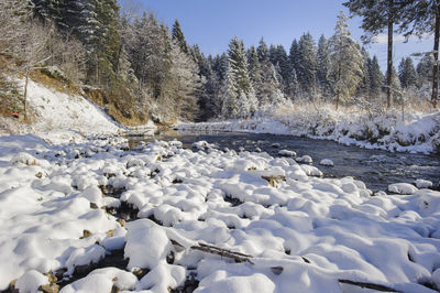 Natural river in gorge at cold winter day