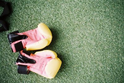 High angle view of boxing gloves on grass