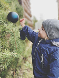 Close-up of boy touching christmas tree