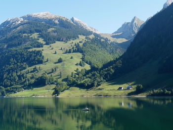 Scenic view of lake and mountains against sky