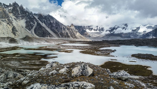 Scenic view of lake and snowcapped mountains against sky