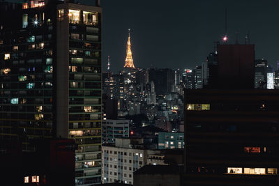 Illuminated buildings in city at night