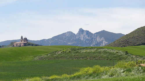 Scenic view of field and mountains against sky