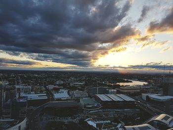 High angle view of cityscape against sky during sunset