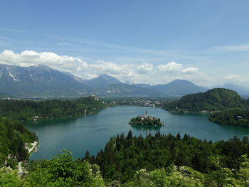 Scenic view of lake and mountains against sky