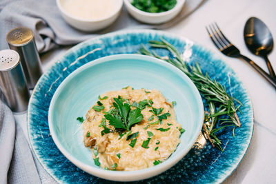 Portion of risotto with grated cheese and mushroom pieces