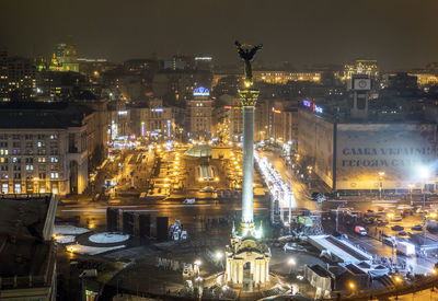 Monument at illuminated maidan nezalezhnosti during night