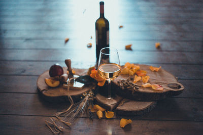 Close-up of wine served on table