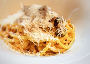 Delicious pasta dish carbonara. the sauce is obtained by mixing eggs,