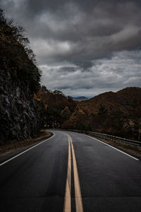 Empty road amidst mountains against sky