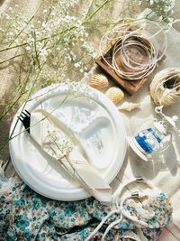 High angle view of dessert in jar on table