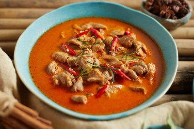 High angle view of soup in bowl on table