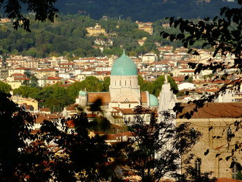 High angle view of trees against townscape