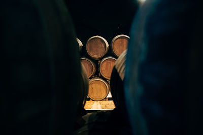 Wine casks stacked in warehouse