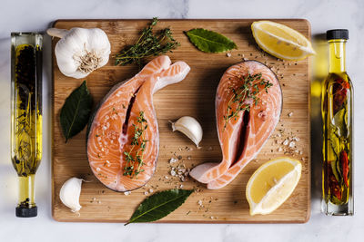 High angle view of food on cutting board