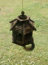 High angle view of lantern hanging on field