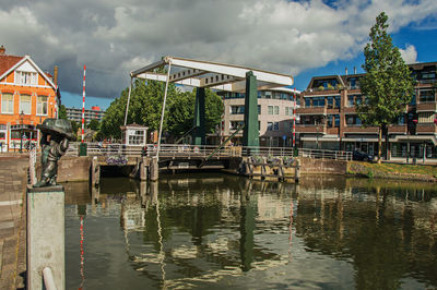 Bridge over river by buildings against sky