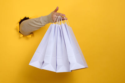 Female hand holds a white paper disposable bag with handles for groceries and 