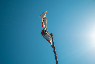 Low angle view of bird perching against clear blue sky