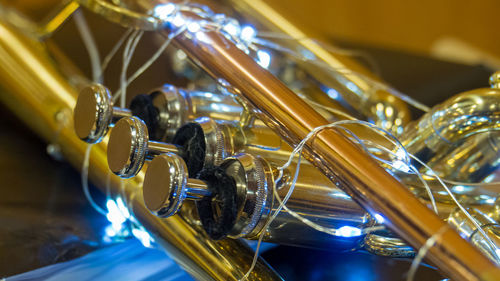 Close up of trumpet with lights