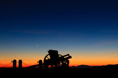 Silhouette people on land against sky during sunset