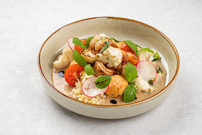 High angle view of food in bowl on table