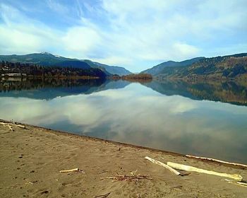 Scenic view of lake against cloudy sky